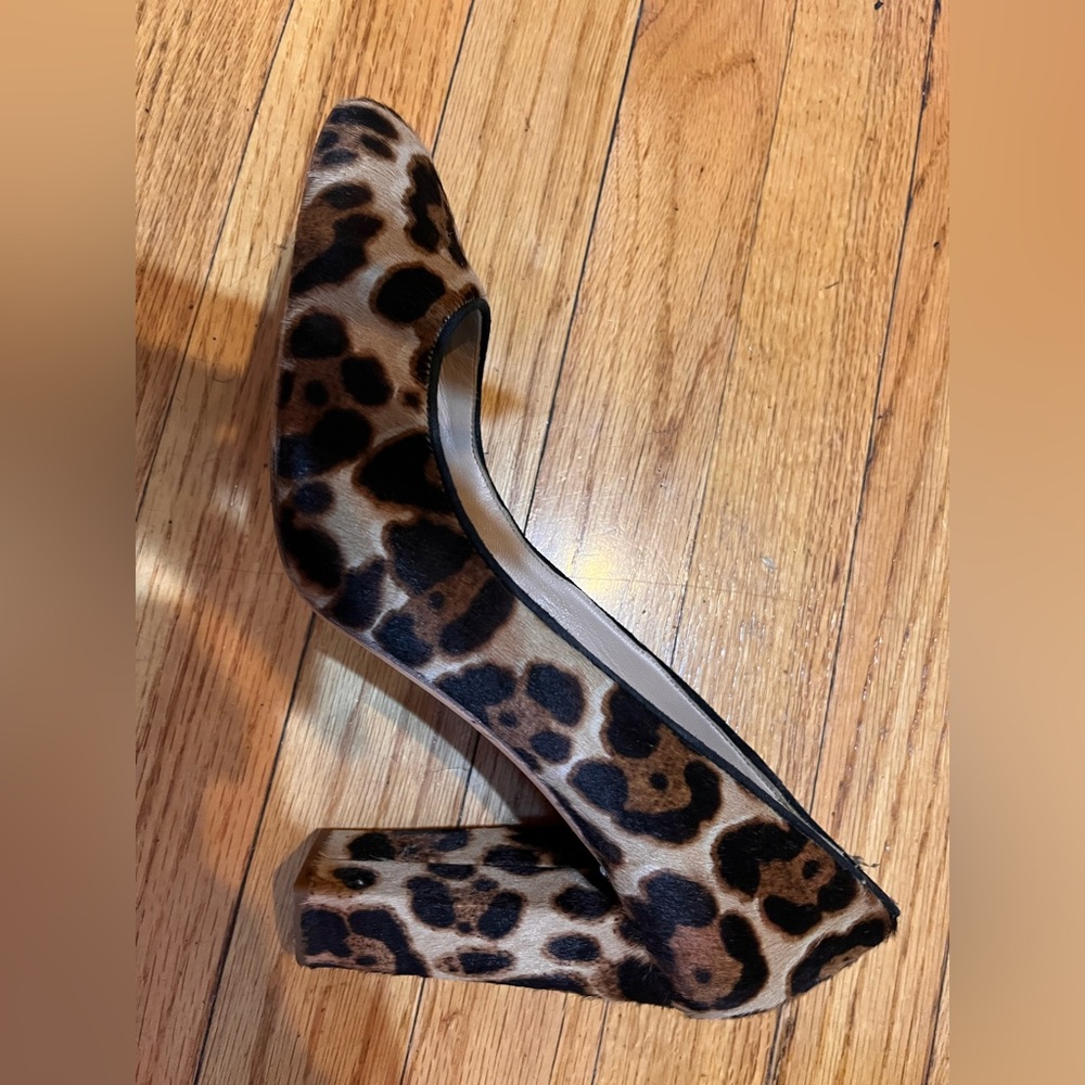 J Crew size 11 leather calf hair animal cheetah heel black brown tan - Picture 6 of 9